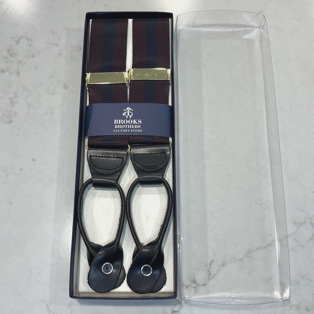 BROOKS BROTHERS Factory NEW Burgundy Blue‎ Striped Brown Leather Suspenders